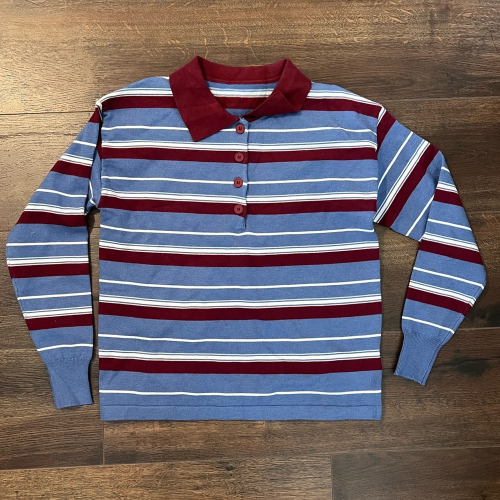 SHEIN Blue and Red Striped Button Down Shirt
